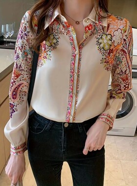 Long sleeved shirt with retro prnted top长袖衬衣复古印花上衣