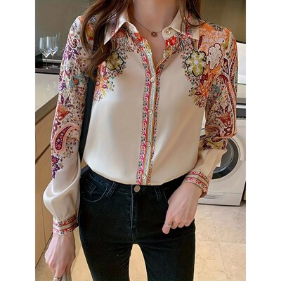 Long sleeved shirt with retro prnted top长袖衬衣复古印花上衣