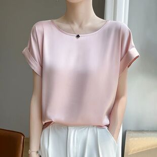 Solid color round neck satin top for women纯色圆领缎面上衣女