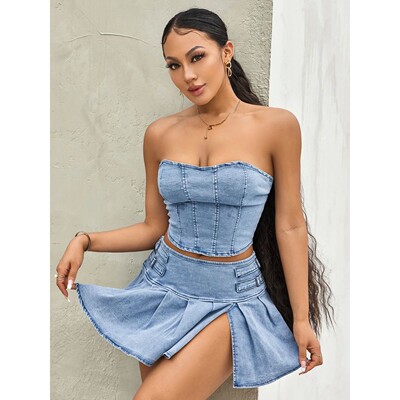 Two piece set of straples high waisted skirt抹胸半身裙两件套