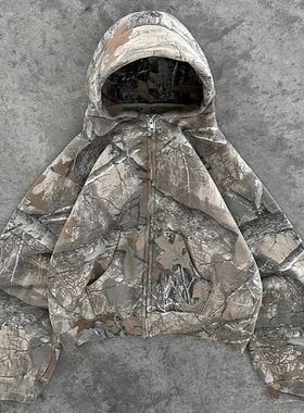 hoodie camo jacket vintage美式上衣树枝卫衣古着迷彩拉链外套男