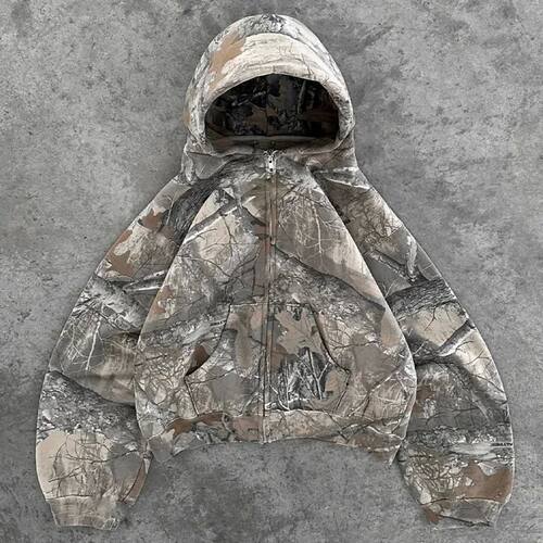 hoodie camo jacket vintage美式上衣树枝卫衣古着迷彩拉链外套男