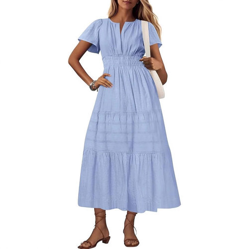 时尚纯色V领褶皱大摆连衣裙女 V-neck pleated large swing dress