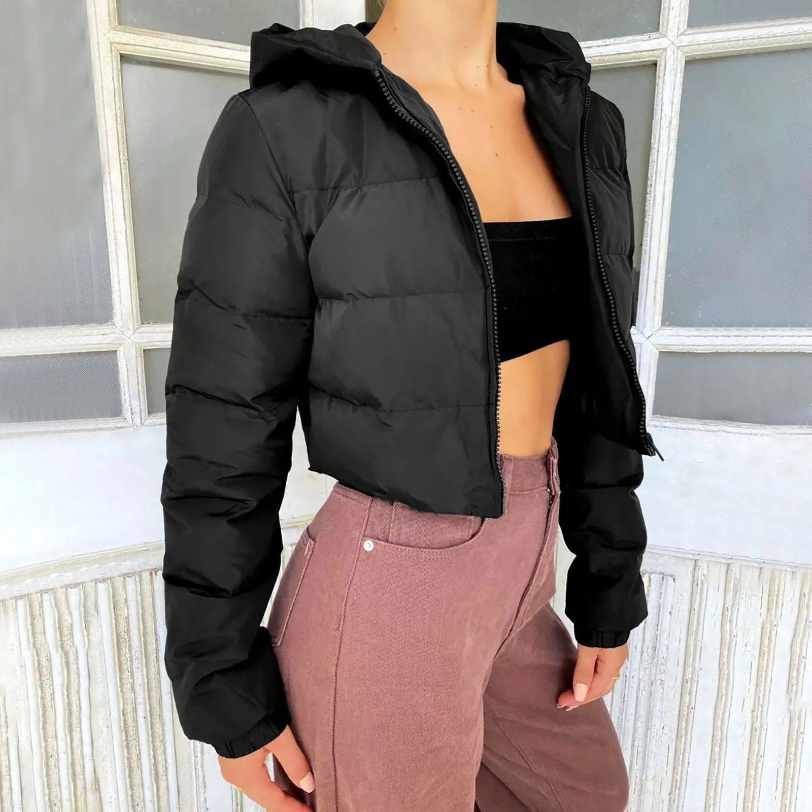 Hooded cotton jacket with long sleeves women连帽棉衣长袖外套
