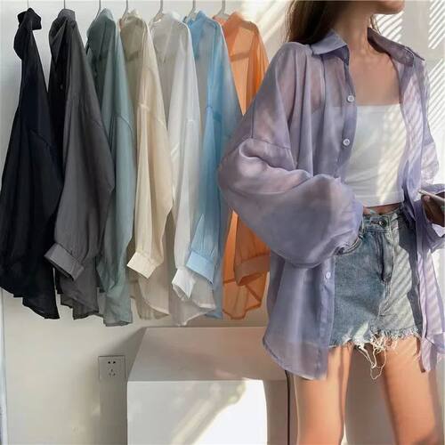 Transparent long sleeved shirt loose top透明长袖衬衫宽松上衣