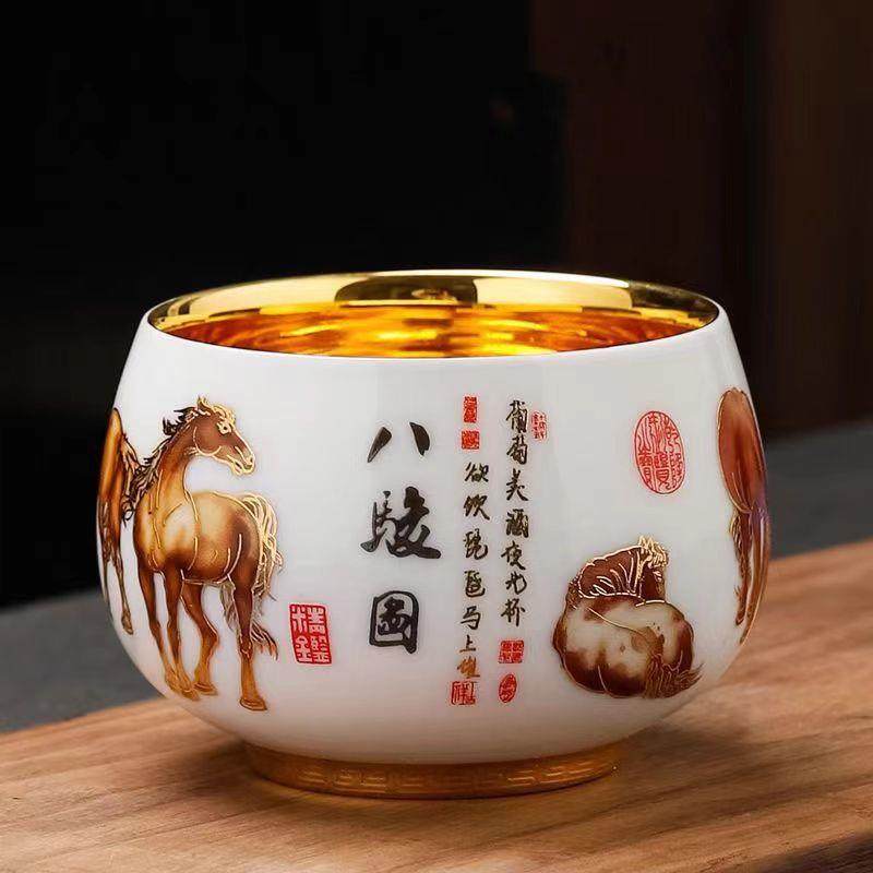 八骏图茶杯主人杯 大师24k鎏金八骏马茶杯男士单杯八马金杯茶盏