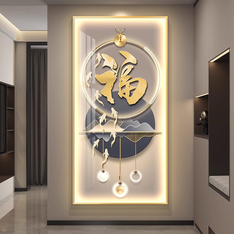 福鹿入户玄关装饰画带灯发光楼梯画正对门挂画LED走廊过道壁灯画图片