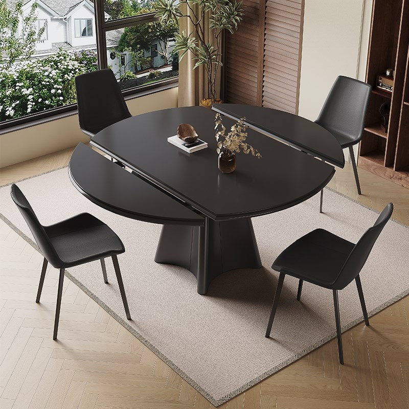 法式覆古伸缩折叠岩板餐桌纯色家用小户型方圆两用多X功能圆形饭