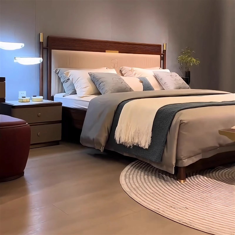 新中式乌金木全实木床现代简约1.8米双人床主卧轻奢W真皮软包婚床