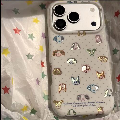 ins韩风波点手绘小狗头像适用苹果17promax手机壳iphone16pro新款15个性创意14圆边双层13女17全包防摔保护套