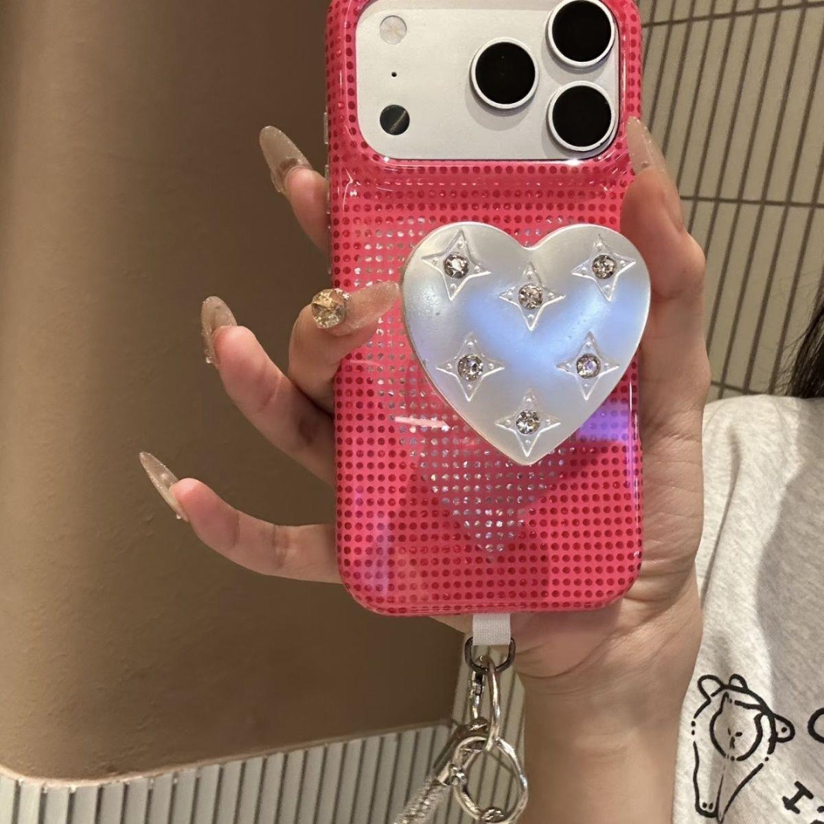韩系镭射闪钻纹玫粉色爱心适用苹果17promax手机壳iphone16新款15pro女款14pm全包保护壳