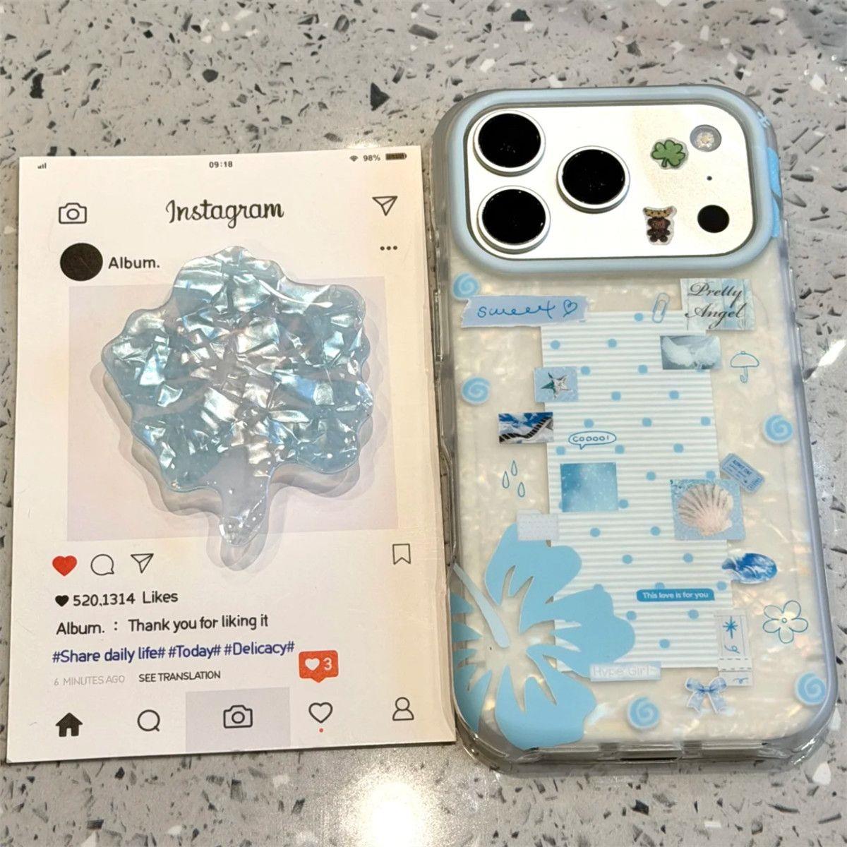 海盐蓝贝壳纹扶桑花支架适用iPhone18promax手机壳不撞壳苹果18Pro新款15全包16pm防摔17女款17Pro小众巨好看
