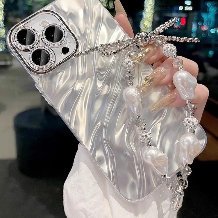 【轻奢高颜值】适用苹果15新款15promax手机壳iPhone14带闪粉镜头膜全包12女14por银色水波纹13高端14pmx链条