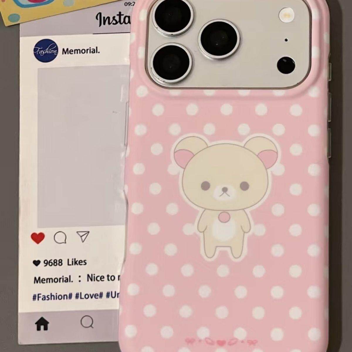 萌可爱少女古早粉底波点小熊磨砂双层15pro适用17苹果16Pro Max手机壳iphone17pro新款14保护套防摔