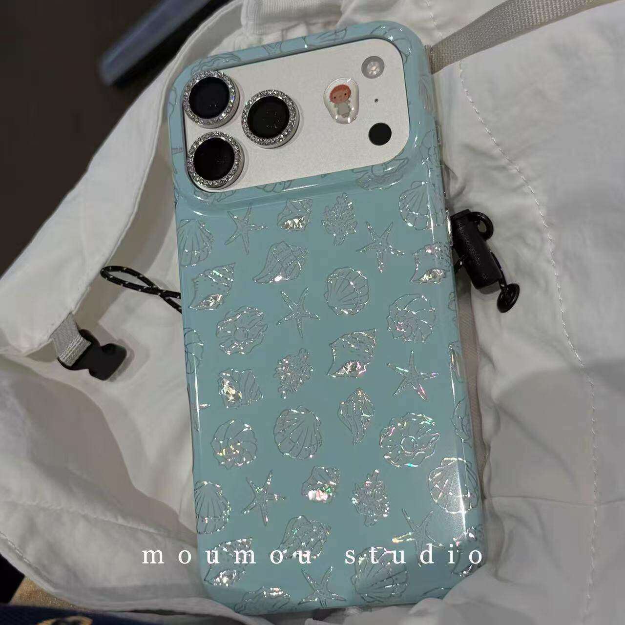 蓝底满屏镭射贝壳ins15适用17pro苹果17ProMax手机壳iPhone16Promax全包17新款保护套15promax软手提简约15