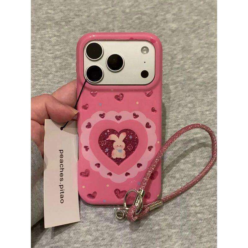 ins风玫红爱心可爱兔子带链条适用iPhone17promax手机壳17苹果新款16ProMax女款15pro硅胶14pro防摔13保护套