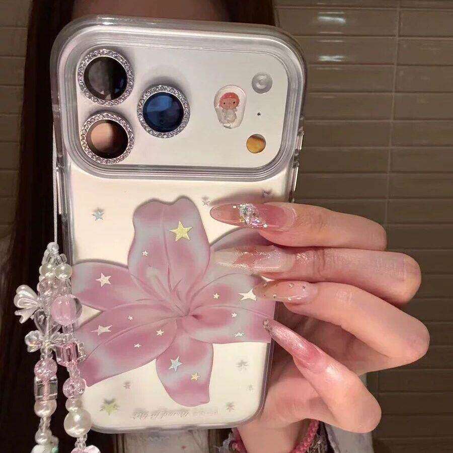 ins韩风银底鎏金星星百合花适用苹果17promax手机壳iphone16pro春夏新款15带挂绳14磨砂13女17全包防摔保护套