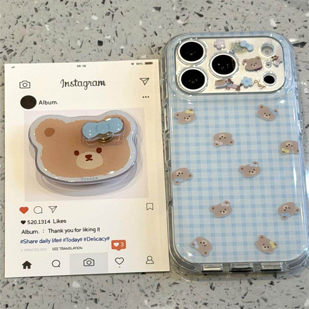 软萌蓝白格纹棕熊脑袋支架适用于iphone17promax苹果16手机壳可爱卡通童趣创意新款防摔