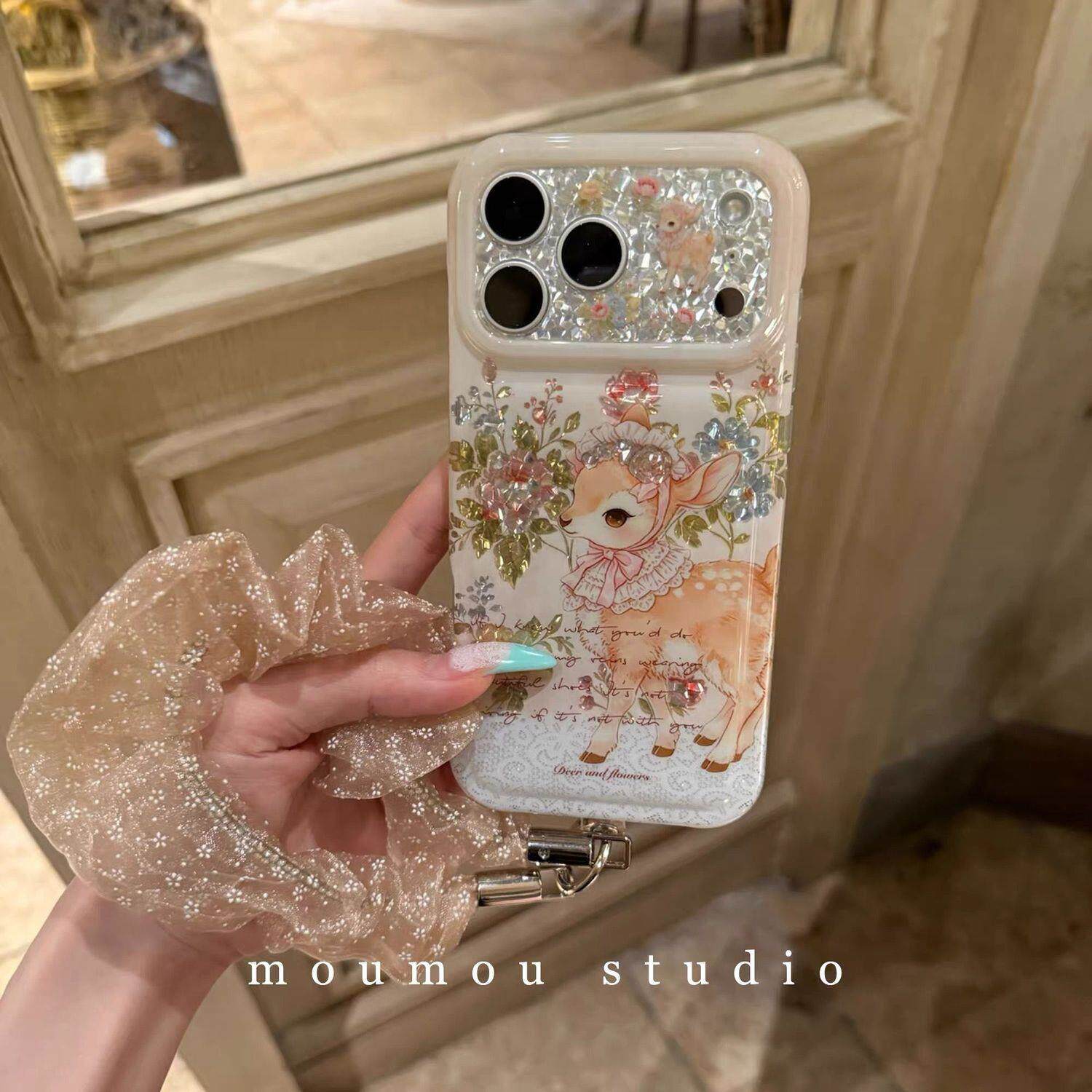 ins风韩系闪钻碎花蕾丝杏色梅花鹿适用iPhone18promax手机壳苹果17新款16Pro女15pm小清新17promax防摔套16