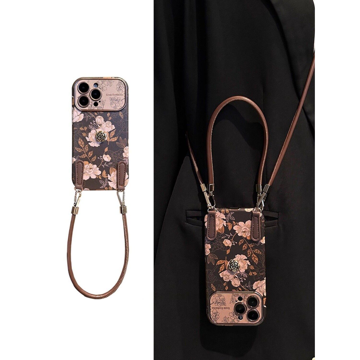 小香风立体山茶花适用苹果17promax手机壳新款16pro女iphone15斜挎可背带挂绳14超好看软13全包