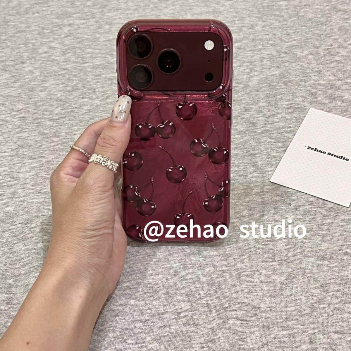 适用于iphone18promax手机壳创意设计感17pm简约锡纸纹樱桃红16pm高级感小众新款防摔保护壳