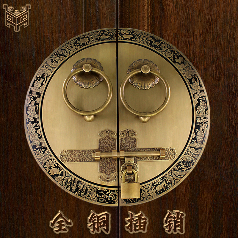 速发中式仿古实木大门纯铜门栓门闩门环别墅庭院复古辅首门锁插销