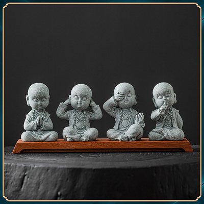 速发青砂石萌趣小和尚桌面茶宠居家装饰摆件六不沙弥鱼缸假山造景