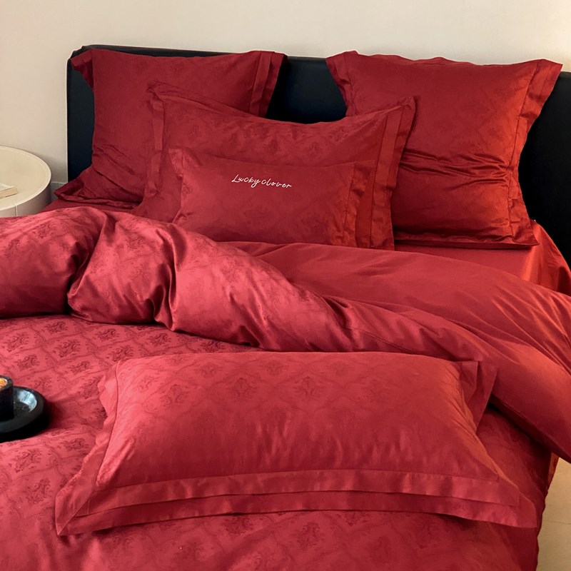 速发100全色缎长绒棉S棉四件套法式提花红贡婚庆床品