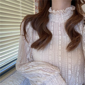 网纱上蕾长袖 洋气小衫 内搭2021秋早新款 速发欧货衣丝高领打底衫