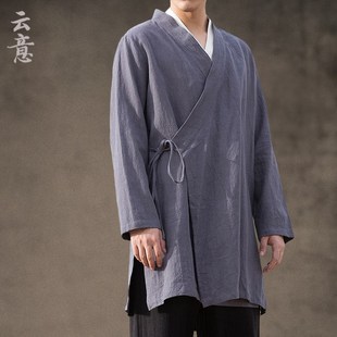速发春中长款 棉麻袍士道居道服 汉服男中国风亚风斜襟上衣古麻唐装