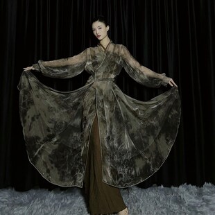 速发大YZ盖风扎染卡其色纱衣飘逸民族盖W摆纱衣古典舞蹈服装开衫
