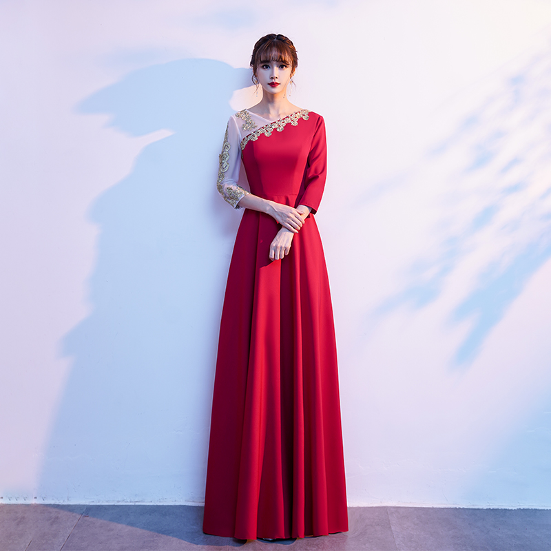 速发红歌合唱服成人朗诵表演服中国风大合唱团演出服长裙主持指挥