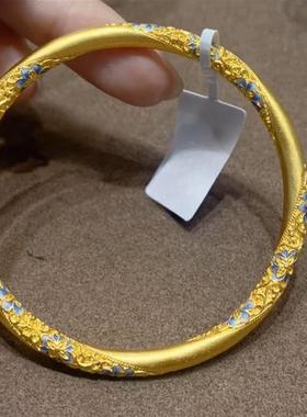 青花珐琅莫比乌斯兰花花丝手镯繁花似锦古法金色国风饰品