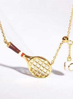 羽毛球拍珍珠项链吊坠镀金小众设计简约百搭创意运动风锁骨链