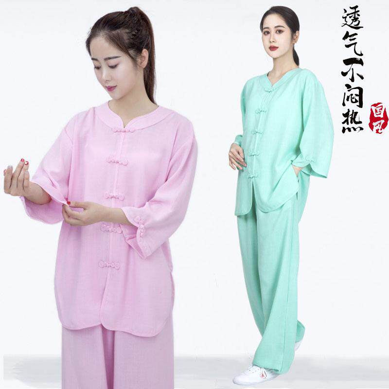 新夏季太拳练功服女短袖QRI极圆领麻7分袖中袖夏天棉中老年太极款