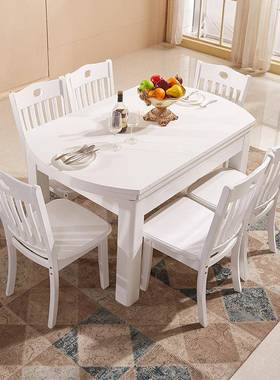 实木餐桌椅组合伸缩中圆用两现代式家用橡木SEH茶方几圆形餐厅饭