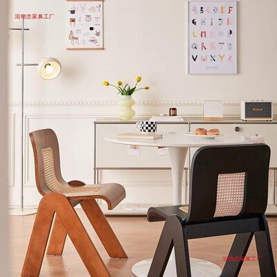 中子古奢法式轻复古藤椅设计师实木靠背家用餐椅编TVZ餐桌椅卧室
