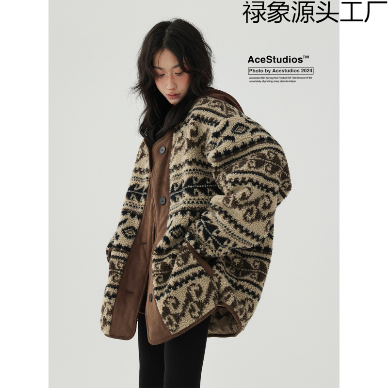 Acestudios 冬季美式复古拼接腰果花羊羔毛棉衣加厚棉服外套女潮