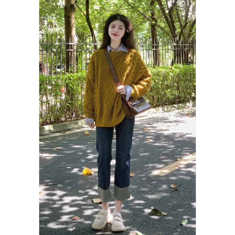 日系复古麻花套头针织毛衣女秋冬春秋外穿宽松慵懒风古着vintage