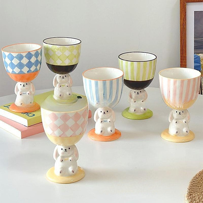 兔子高脚杯可爱手绘立体手捏马克杯不规则大容量咖啡杯子