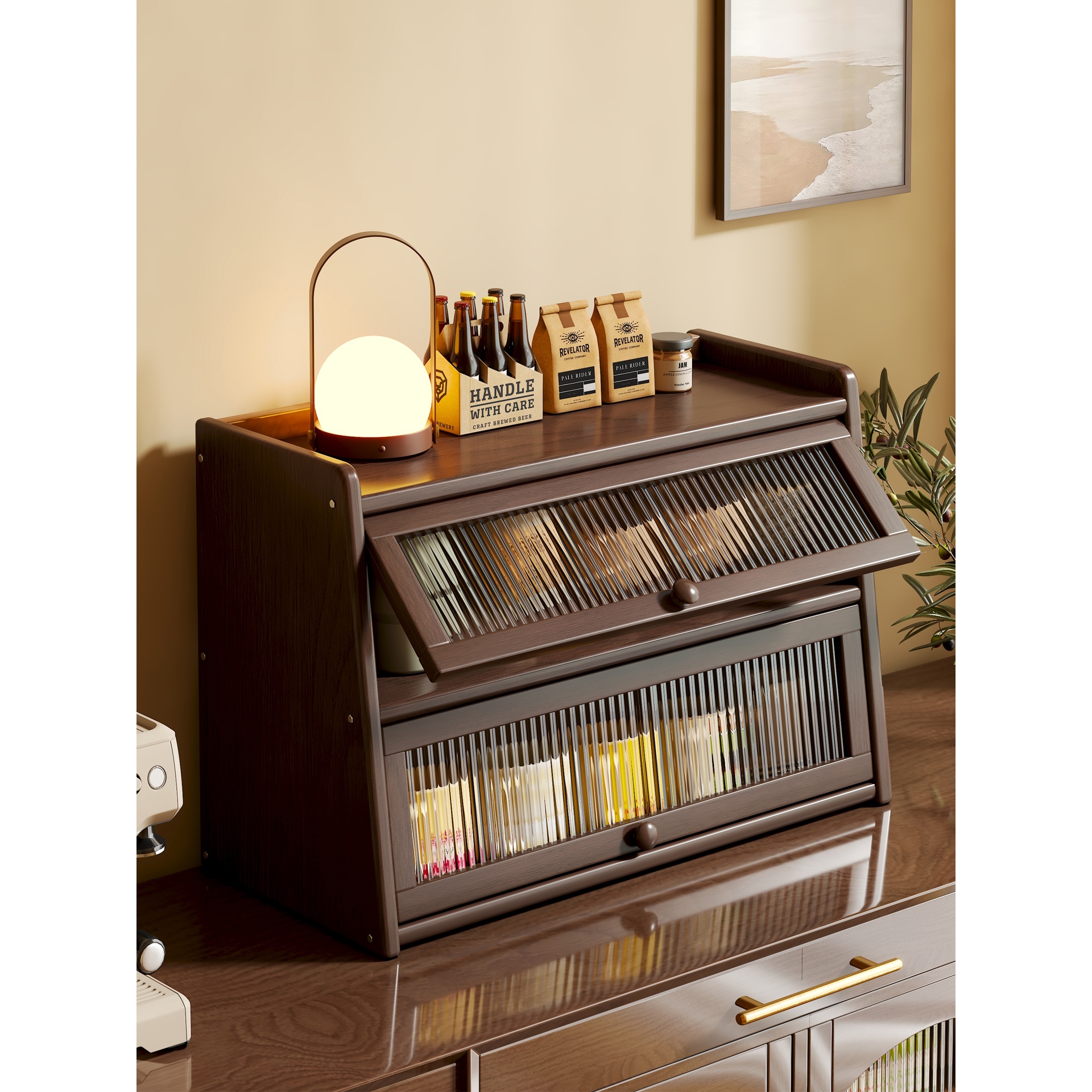 桌面杯子置物架翻门收纳柜茶具展示柜子厨房水杯杯架餐具储物柜