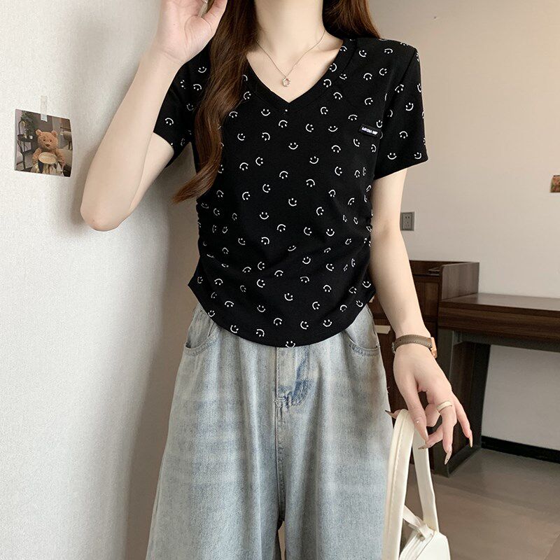 现货速发2025夏装新款胖妹妹大码笑脸印花褶皱上衣辣妹短款T恤美