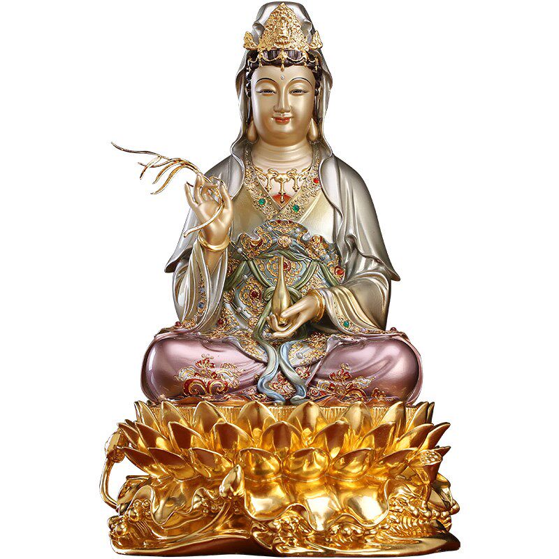 速发铜雕彩绘南海笑脸观音佛像铜像纯铜菩萨神像家用供佛娑婆三圣