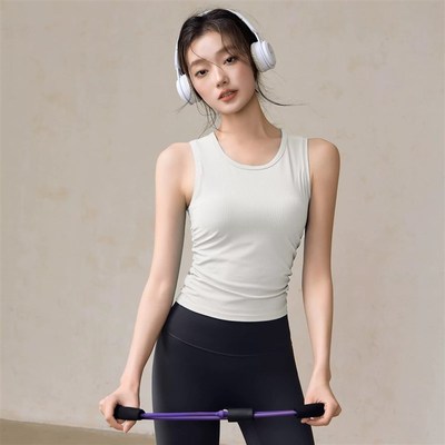 速发春夏罗纹高级感瑜伽背心褶皱运动上衣户外跑步无袖健身服