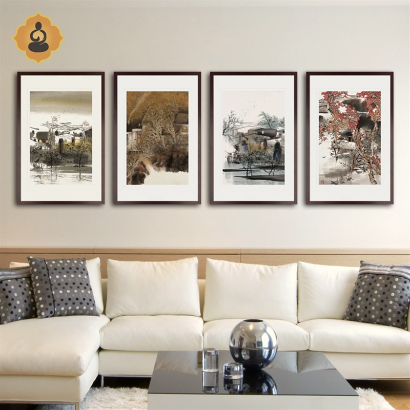 速发江南水乡风景四联水墨国画客厅书房餐厅办公室装饰画中式挂画