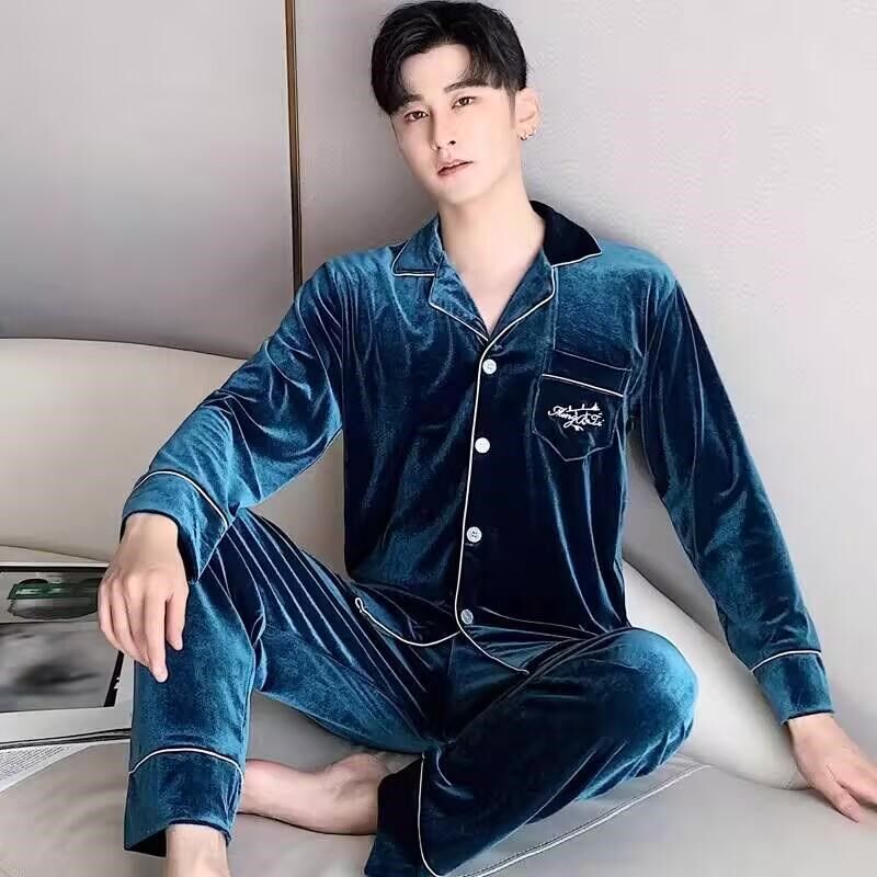 速发长袖开衫睡衣男士冬天秋冬金丝绒法兰绒加厚加绒纯色珊瑚绒家