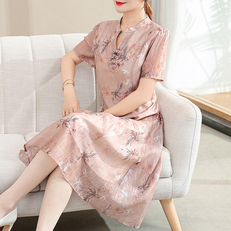 速发妈妈夏装改良旗袍真丝连衣裙2024新款中老年新中式长裙子