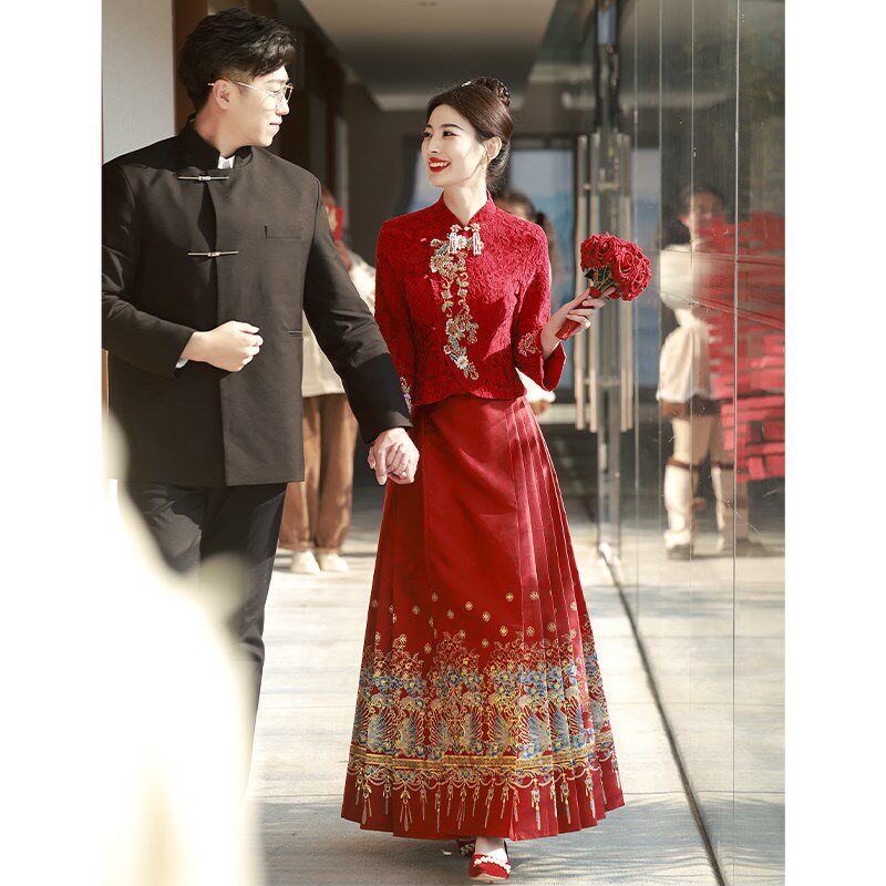 速发新中式马面裙婚服套装敬酒服2024新款新娘秀禾服刺绣红色订婚