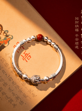 足银999古法五福弯管半镯手串天然南红纯银佛头手链女款国风轻奢