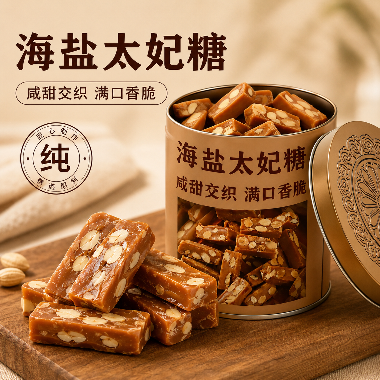 巴旦木海盐太妃糖正品旗舰店海盐杏仁焦糖太妃糖法式扁桃仁坚果酥